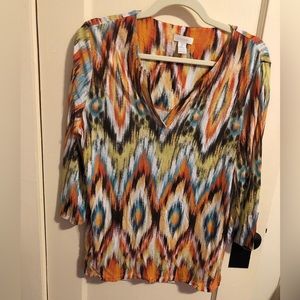 Chico’s Ikat print tunic Size 2 (12) in orange, yellow, dark brown and turquoise